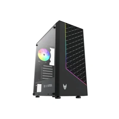 Image of Oversteel Iridium Gaming PC Case Compatible with ATX, Micro ATX and ITX Boards, 120mm A RGB Fan Included, Mesh Front, 2 Dust Filters, Tempered Side Glass, USB 3.0, Black