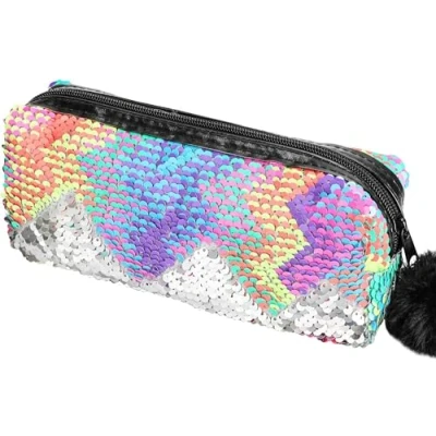 Image of PHOGARY Mermaid Sequins Pencil Case for Girls, Secondary School Bags with Fluffy Zipper, Pouch Glitter Pen Organizer Students, Women Makeup (Colorful,Silver)