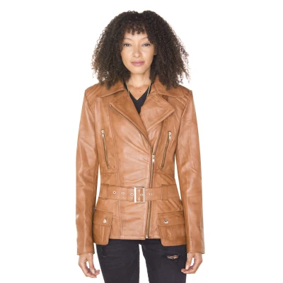Image of Ladies Conker Brown Long Feminine Leather Biker Jacket 14