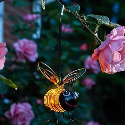Image of Garden Mile Hanging Solar Powered Bee Light Warm White Bug Lighting Black &amp; Yellow Bumble Novelty Outdoor Lights Power Lantern Indoor Decorative Fun (1)