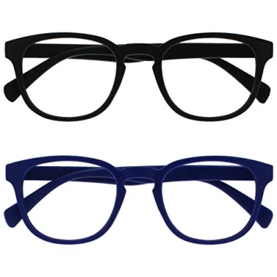 Image of Opulize Pop Reading Glasses 2 Pack Fun Round Matt Frame Black Blue Spring Hinges Scratch Resistant Mens Womens RR2 13 +1.50