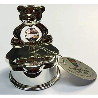 Image of Lesser &amp; Pavey Chrome Teddy Bear Trinket Box With Pink Crystals In a Gift