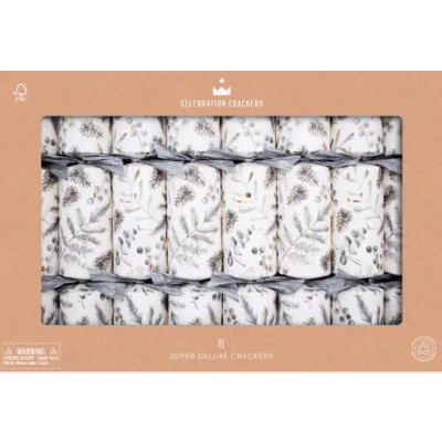 Image of Celebration Crackers Eco Friendly Super Deluxe Christmas Tray of 8 x 14 Inch Luxury Cracker FSC Mix Silver Botanical