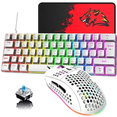 Image of 60% UK Layout Wired Gaming Keyboard and Mouse 62Keys Mini Compact Mechanical Keyboard, 19 Rainbow Backlit Full Anti ghosting Keys+6 RGB 6400 DPI Lightweight (White/Blue Switch)