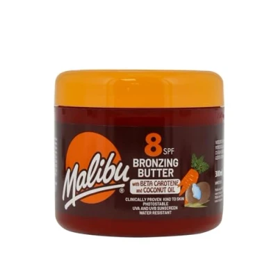 Image of Malibu Sun SPF 8 Bronzing Tanning Body Butter with Beta Carotene and Coconut Oil, Water Resistant, Tropical Fragrance, 300ml