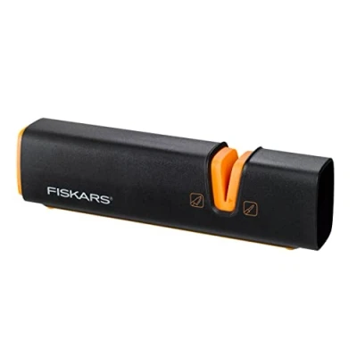 Image of Fiskars Knife Sharpener for Sharp Blades Made of Steel, Ceramic Sharpening Stone, Edge, Roll Sharp, Black/Orange, 1003098