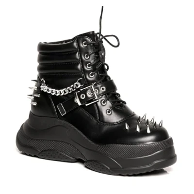 Image of LAMODA Screamin&#039; Loud Chunky Black Studded Sneakers, Trainers for Women with Buckle &amp; Chain, Lace Up Platform Gothic Punk Ankle Boots in UK5