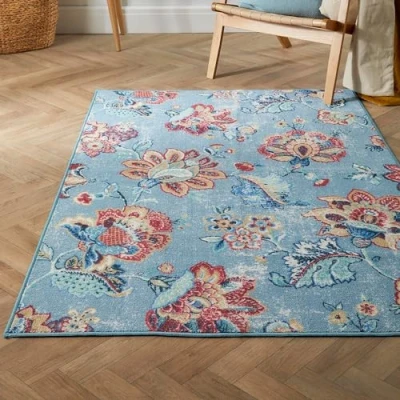 Image of Dreams &amp; Drapes Blue Vintage Floral Rug (180 x 120cm) Low Pile (Hypoallergenic) Machine Washable Non Slip in Bohemian Damask for Living Room Bedroom