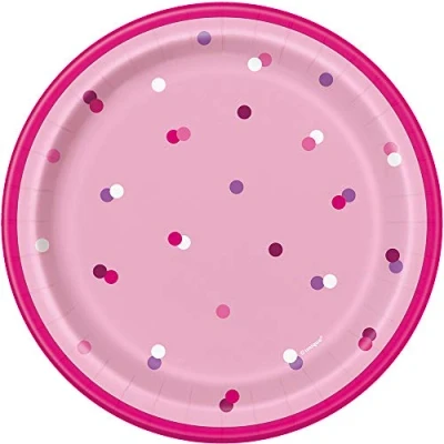 Image of Unique 83604&quot; Happy Birthday Pink Round Paper Plates 7&quot; Silver 8 Pcs