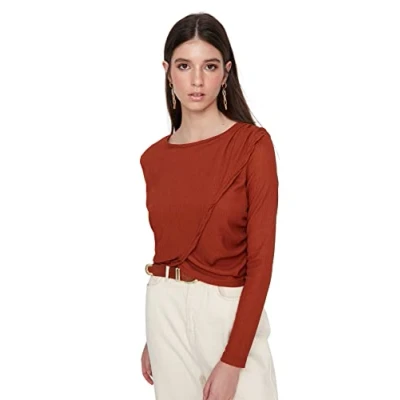 Image of Trendyol Women Regular Basic Crew Neck Knit Blouse Brown