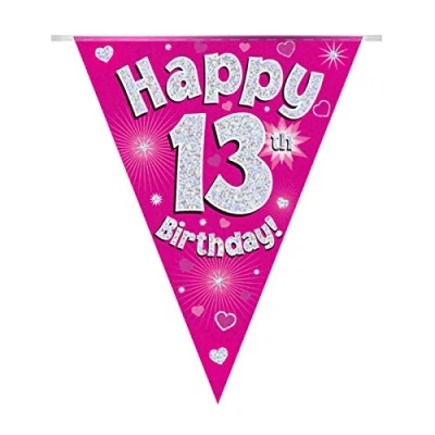 Image of OAKTREE UK 630666 Party Bunting Happy 13th Birthday Pink Holographic 11 Flags 3.9m