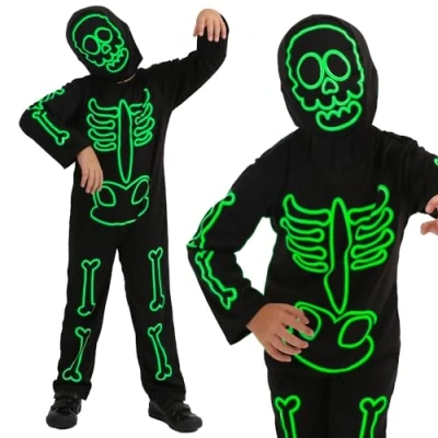 Image of Childs Glow in the Dark Skeleton Stick Man Costume Large Black with Bone Print Halloween Trick or Treat Fancy Dress