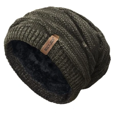 Image of RockJock Mens Winter Knitted Slouch Beanie with R80 Thermal Insulation and Cosy Fleece Lining Olive