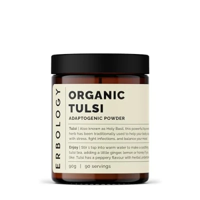 Image of 100% Organic Tulsi Powder 180g Holy Basil Calm and Mood Straight from Farm in India Raw Vegan Non GMO No Additives or Preservatives Recyclable Glass Jar