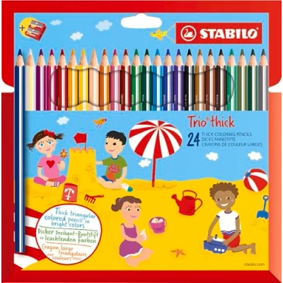 Image of Triangular Colouring Pencil STABILO Trio thick Pack of 24 Assorted Colours with Sharpener