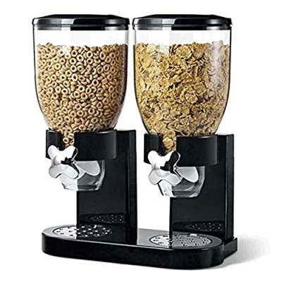 Image of Double Cereal Dispenser Classic Dry Food Canister, Control Storage Container, Great for Cornflakes, candy, nuts, beans, granola Kitchen Dispenser, Black