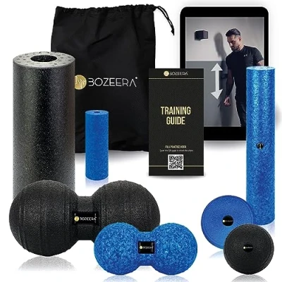 Image of BOZEERA Foam Roller Set 3X Rollers (Small, Medium, Large), 2X Peanut Massage Balls, Ball Back, Neck, Foot &amp; Leg for Muscles Includes Video Guide, Poster Bag