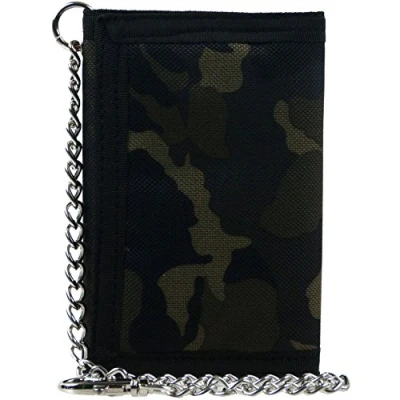 Image of Mens Boys Camouflage Canvas Tri Fold Wallet with Chain &amp; Clip CAMO Slim Army Green