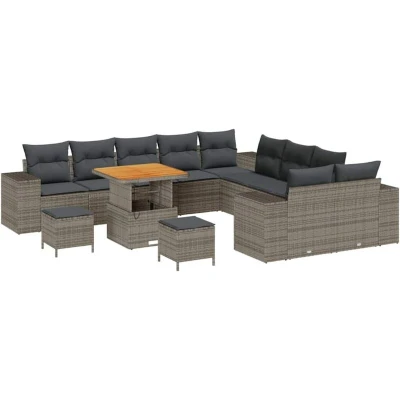 Image of vidaXL 13 Piece Garden Sofa Set with Cushions Grey Poly Rattan Acacia