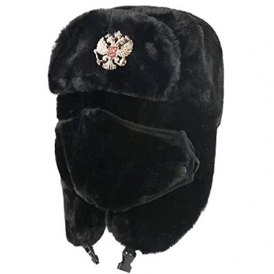 Image of Russian Ushanka Hat Winter Thermal Bomber Hats Women Men Soviet Army Military Badge Russia Earflap Snow Caps Bk_National_Emblem