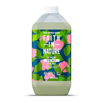 Image of Faith In Nature Natural Wild Rose Liquid Hand Wash, Balancing, Vegan and Cruelty Free, No SLS or Parabens, 5L Refill Pack
