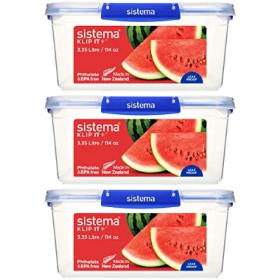 Image of Sistema KLIP IT PLUS Food Storage Containers 3.35 L Leak Proof, Stackable &amp; Airtight Fridge/Freezer with Lids BPA Free Plastic Blue Clips 3 Count