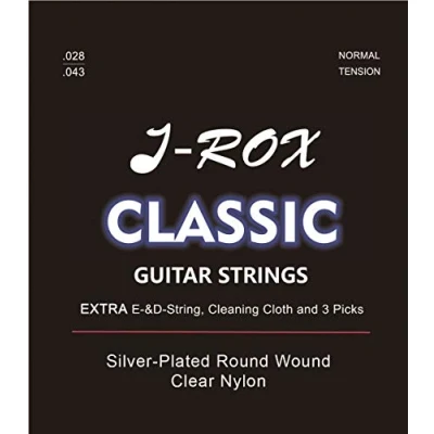Image of J ROX Classical Guitar Strings Premium Nylon for Guitar, Acoustic + Extra E String D Cleaning Cloth 3 Picks