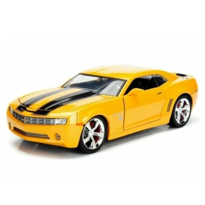 Image of 2006 Chevy Camaro Concept Yellow Bumblebee with Robot on Chassis and Collectible Metal Coin Transformers Movie 1/24 Diecast Model Car by Jada 98497