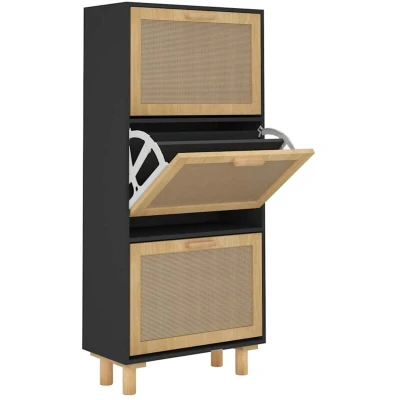 Image of vidaXL Shoe Cabinet Black 52x25x115 cm Engineered Wood&amp;Natural Rattan