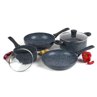 Image of Russell Hobbs COMBO 5389 Pots and Pans Set 4 Piece Cookware Pan for Induction Hobs, Non Stick Frying Pan, Saucepan, Stockpot, Stay Cool Handles, Blue Marble Cooking Set, Nightfall Stone