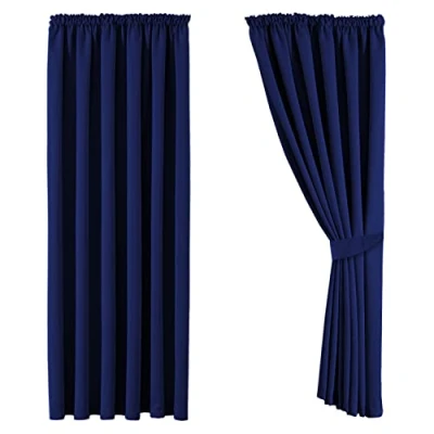 Image of Aspire Homeware Blackout Curtains 90x90 for Living Room Pencil Pleat Bedroom with Tiebacks Window Treatments Super Soft Thermal Black Out Navy Curtain &amp; Drapes, 2 Panels