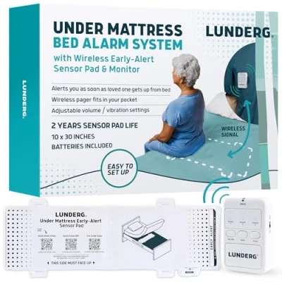 Image of Lunderg Under Mattress Bed Alarm for Elderly Adults Wireless with Early Alert Sensor Pad &amp; Pager Dementia Patients Alarms and Fall Prevention