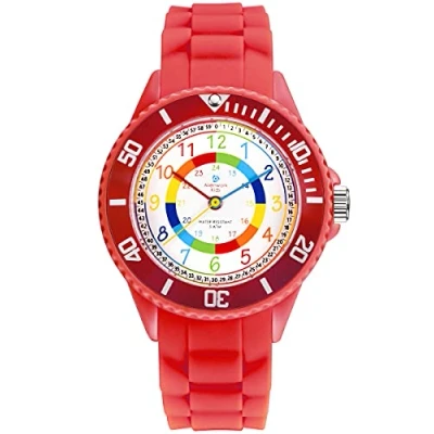 Image of Alienwork Kids Children&#039;s Teacher Watch Girls Red Silicone Strap Multi Coloured Kid Waterproof 5 ATM Learning Time