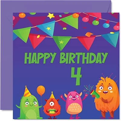 Image of 4th Birthday Card Boy Girl Monster Happy 4 Year Old Boy, Girls Boys Cards for Him Her, 145mm x Greeting Son Nephew Grandson Kid Children