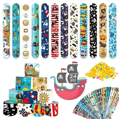 Image of Acuiwer Slap Bracelet 24 PCS Pirates Wrist Bands Bulk for Kids Party Bag Fillers Supplies Flavors Gift Girls Boys Birthday Christmas (Pirates 24pcs)
