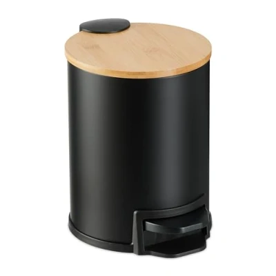Image of Relaxdays Step Pedal Bin, 3 Litre, Soft close Mechanism, Removable Inside, Bathroom Cosmetic Waste, Metal, Bamboo, Black, Iron, 22.5 x 23 17 cm