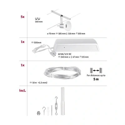 Image of Paulmann 94448 CorDuo Cable System Lighting Set Sheela DC, Max 5 x 10 Watt Extendable Wire Matt Chrome Plastic GU5.3 Without Bulbs