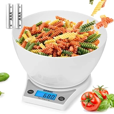 Image of Duronic Digital Kitchen Scales KS6000 WH/WH Electronic Scale with Bowl Measuring Weighing Baking for Cooking Postal Pet Food Measurement Baker Weight Scale, Tare LCD Display