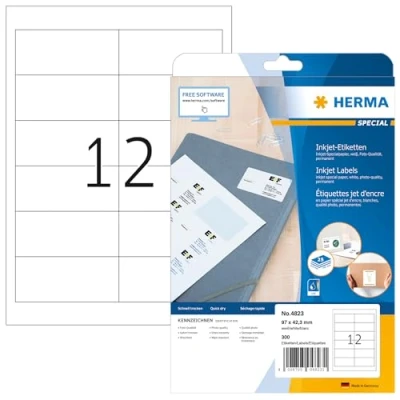 Image of HERMA Self Adhesive Inkjet Address Labels, 12 Labels per A4 Sheet, 25 Sheets, 97 x 42.3 mm, 300 Blank Mailing Stickers, Sticky for Printer, White