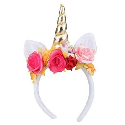 Image of Boland Unicorn Horn on Headband with Ears and Flowers, Fancy Dress Accessory, Headwear, Festival, Carnival, Halloween, Adult (One Size)
