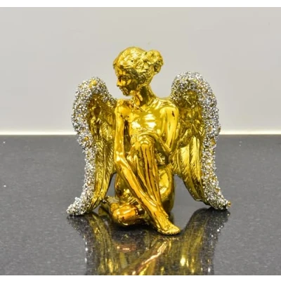 Image of Deenz Sitting Angel With Wide Wings Crushed Ornament Sparkle Diamond For Gift Beautiful Decorative (Gold)