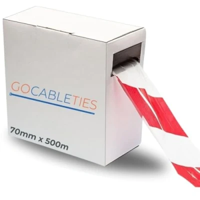 Image of Gocableties Red/White Barrier Tape 70mm x 500m Non Adhesive Warning Box Roll