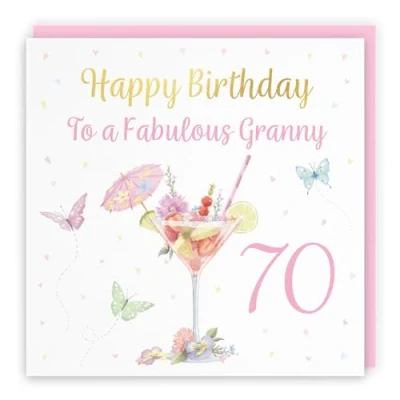 Image of Hunts England 70th Granny Pink Cocktail And Butterflies Birthday Card Luxury Gold Foil Milo&#039;s Gallery Age 70 Drinks, Flowers, Hearts Elegant For Seventy