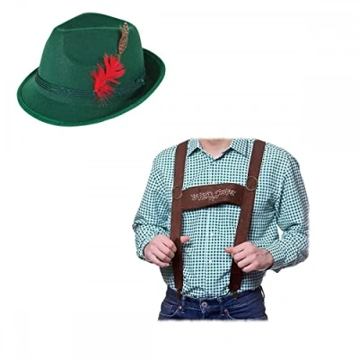 Image of A2ZFD Mens Authentic Oktoberfest Braces + Deluxe Green Bavarian Hat : Fancy Dress Accessory Set