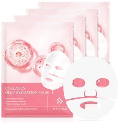 Image of Collagen Mask, Deep Hydration Hyaluronic Hydration, Advanced Booster, Reduce Fine Lines &amp; Wrinkles, Pore Minimizing, Elasticity Improvement 4pcs