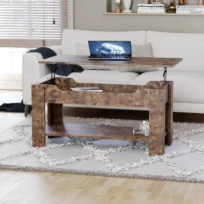 Image of Vida Designs Lift Up Coffee Table With Large Hidden Storage Compartment and Shelf, H 48 60 x L100 W48 cm (Dark Wood)