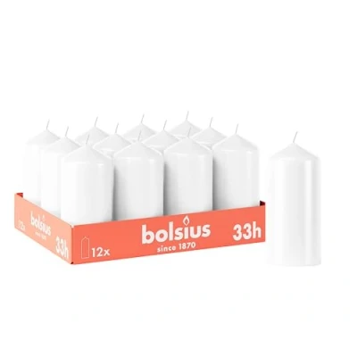 Image of Bolsius Smooth Pillar Candles White Pack of 12 x 6 cm Decorative Household Burn Time 33 Hours Unscented Contains Natural Plant Wax Without Palm Oil