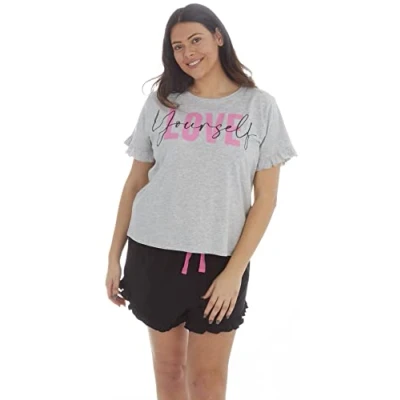 Image of Forever Dreaming Curve Ladies Cotton Jersey Shorts &amp; Top Pyjama Set Grey Black 18/20