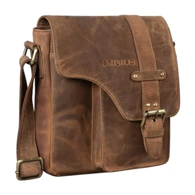 Image of STILORD &#039;Nino&#039; Shoulder Bag Leather Man Vintage Men Bevelled Flap Men&#039;s Genuine Leather, Colour:Middle Brown