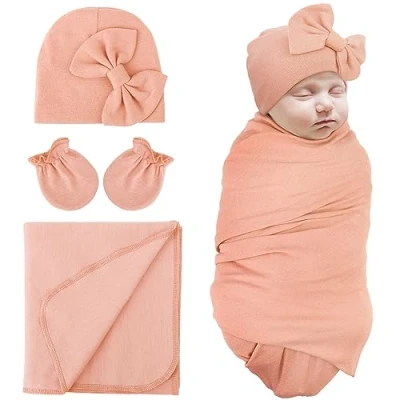 Image of DRESHOW Newborn Receiving Blankets Cotton Warm Sleepsack with Mittens&amp;Bow Hats Hospital Baby Swaddling